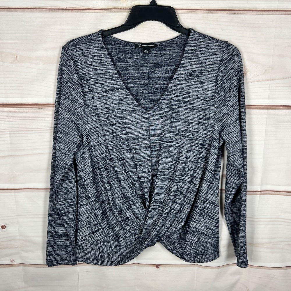 INC Concepts Top Women XL Blue Stripe Knit Blouse V-Neck Long Sleeve Twist Front